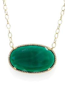 14k Yellow Gold Green Agate and 0.20Ct Diamond Necklace