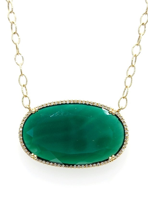 14k Yellow Gold Green Agate and 0.20Ct Diamond Necklace