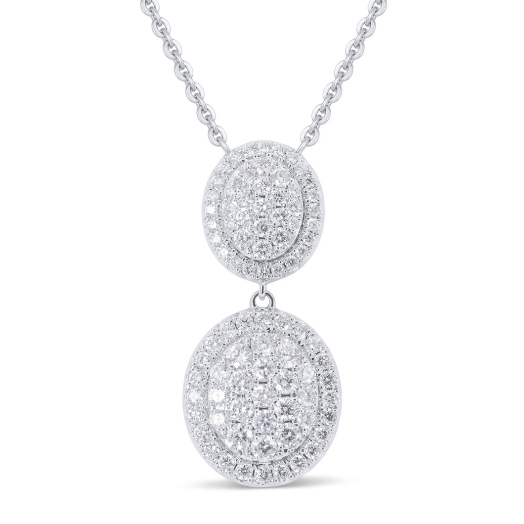 14k White Gold 1.42Ct Diamond Double Pave Drop Necklace