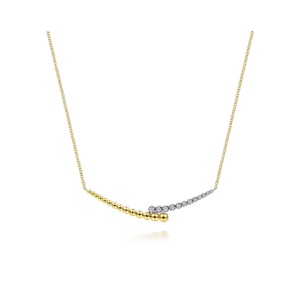 14K Yellow-White Gold 0.18 ct Diamond Pavé and Bujukan Bead Curved Bar Necklace
