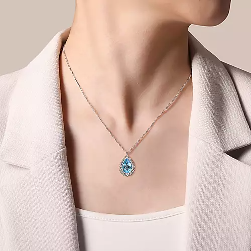 Gabriel Sterling Silver Faceted Swiss Blue Topaz Pear Shape Bujukan Necklace