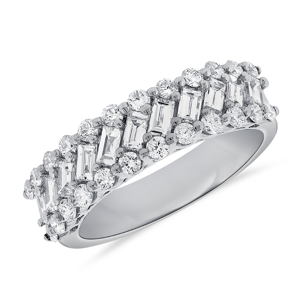 14K Gold 0.72Ct Baguette, 0.58Ct Round Diamond Band, available in White, Rose and Yellow Gold