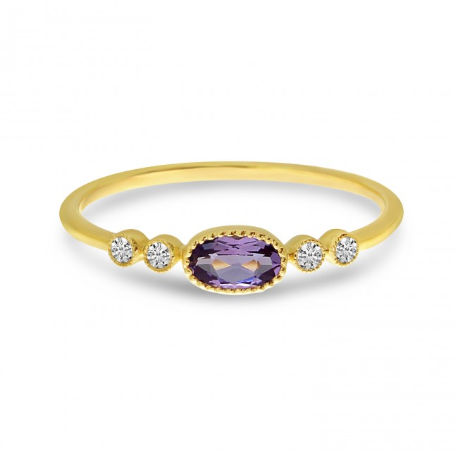 14k Yellow Gold Amethyst and 0.06 Ct Diamond Ring