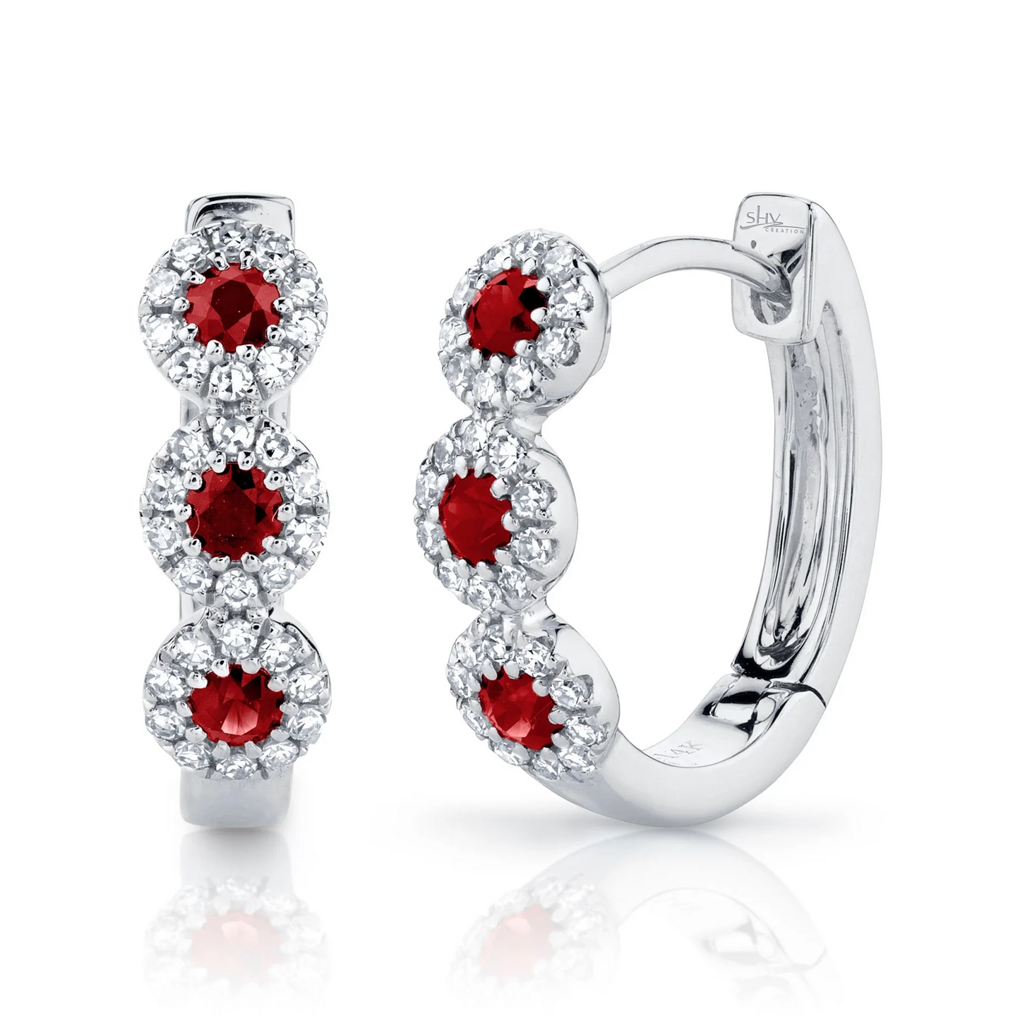 14k White Gold 0.29Ct Ruby, 0.15Ct Diamond Huggie Earring