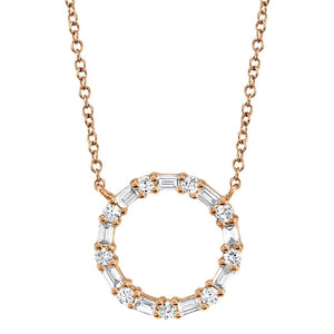 14k 0.29Ct Baguette and Round Diamond Circle Necklace, Available in White, Rose and Yellow Gold