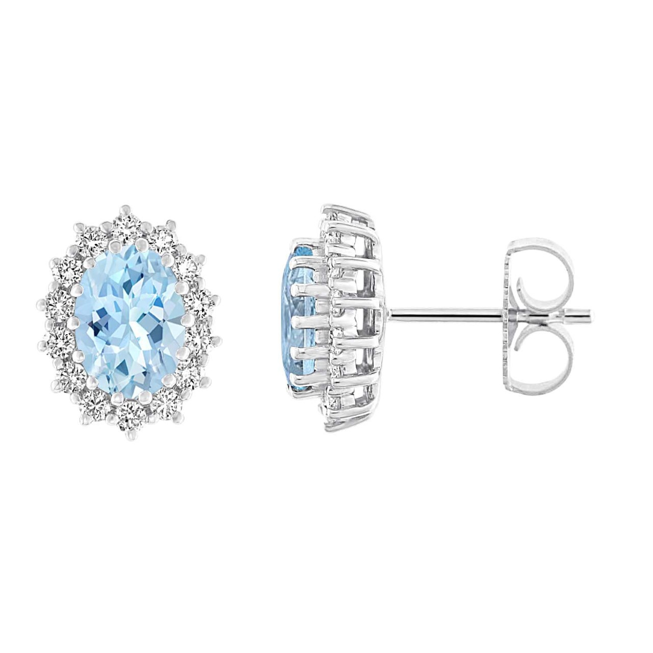 14k White Gold 1.40Ct Aquamarine, 0.41Ct Diamond Halo Earring