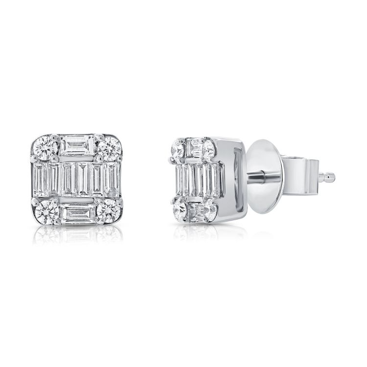 14k Gold 0.66Ct Baguette, 0.21Ct Round Diamond Earring, available in White, Rose and Yellow Gold