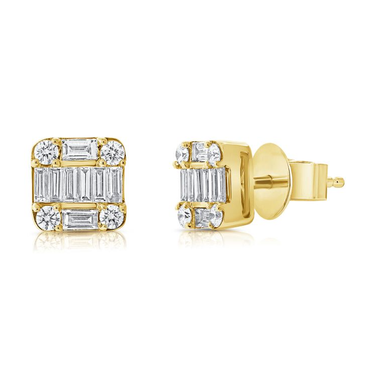 14k Gold 0.66Ct Baguette, 0.21Ct Round Diamond Earring, available in White, Rose and Yellow Gold