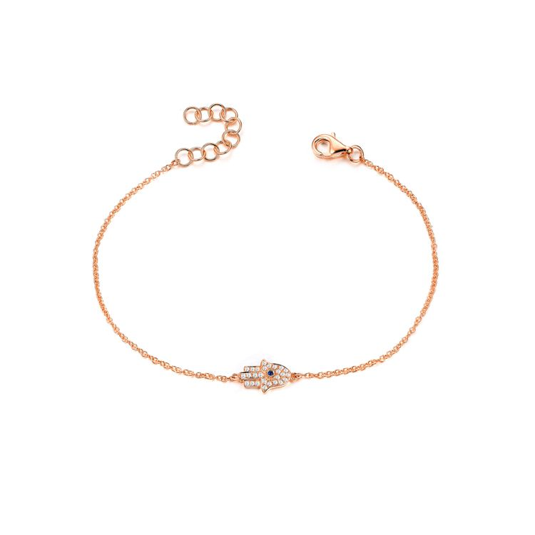 14k Gold 0.01Ct Sapphire, 0.10Ct Diamond Hamsa Bracelet, available in White, Rose and Yellow Gold