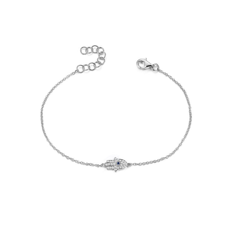 14k Gold 0.01Ct Sapphire, 0.10Ct Diamond Hamsa Bracelet, available in White, Rose and Yellow Gold