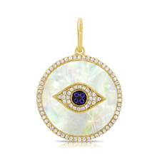 Load image into Gallery viewer, 14k Gold Mother of Pearl, Sapphire and Diamond Eye Charm, available in White and Yellow Gold
