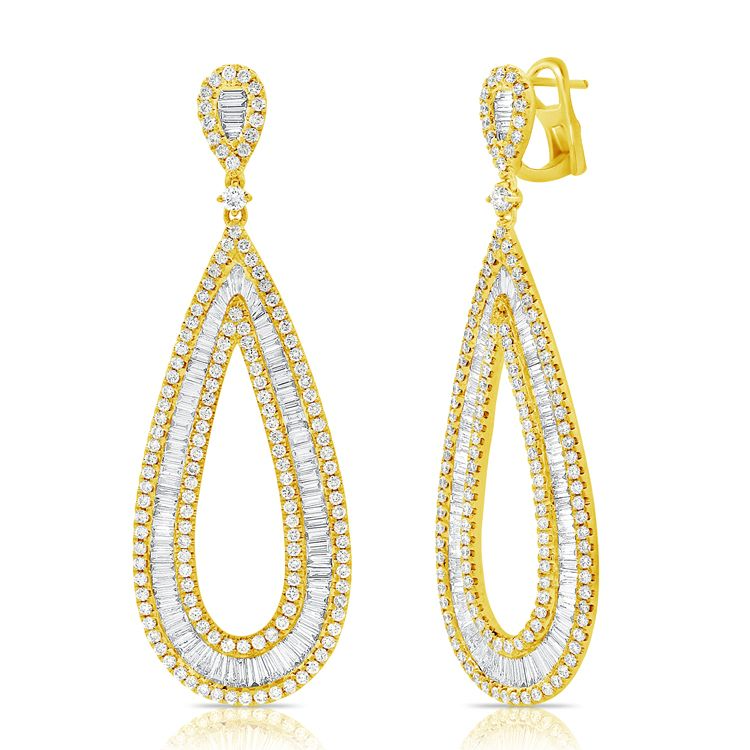 14k Gold 5.17Ct Baguette and Round Diamond Pear Shape Dangle Earring, available in White, Rose and Yellow Gold