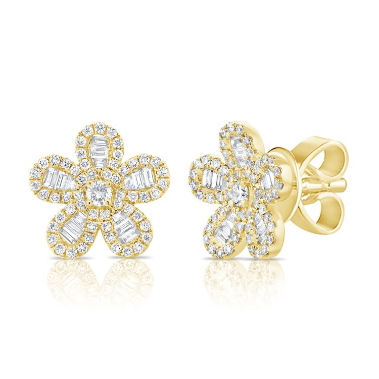 14k Gold 0.30Ct Baguette, 0.64Ct Round Diamond Flower Earring, available in White, Rose and Yellow Gold