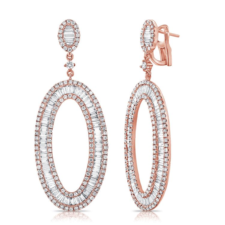 14K Gold 2.00ct Baguette, 1.63ct Round Diamond Oval Drop Earring, available in White, Rose and Yellow Gold