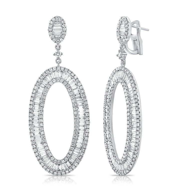 14K Gold 2.00ct Baguette, 1.63ct Round Diamond Oval Drop Earring, available in White, Rose and Yellow Gold