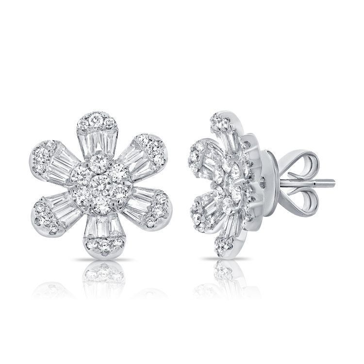 14k White Gold 2.23Ct Baguette and Round Flower Earring