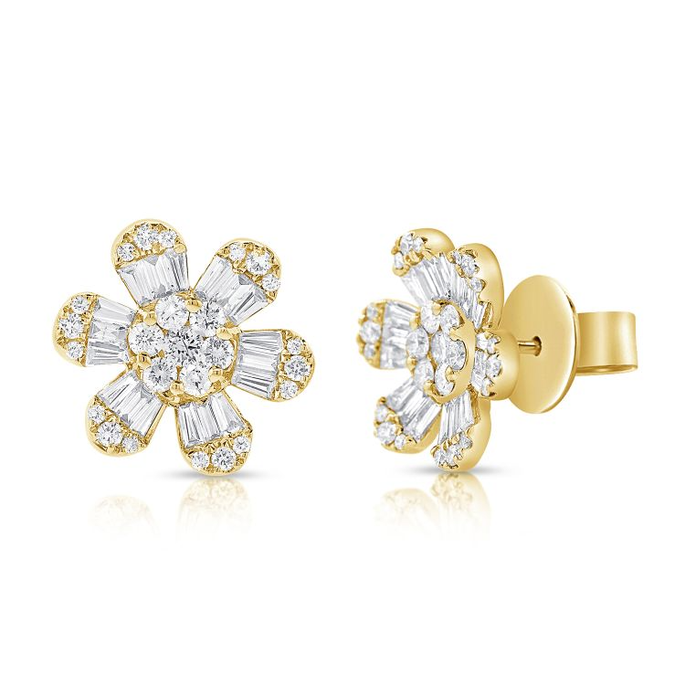 14k Gold 1.47Ct Baguette and Round Diamond Flower Earring, available in White, Rose and Yellow Gold