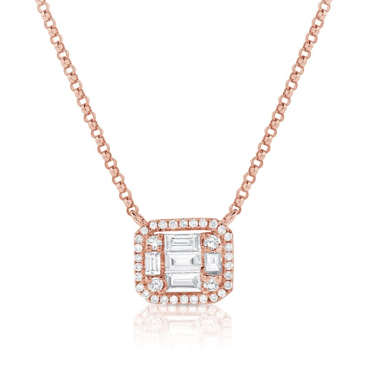 14k Gold 0.24Ct Baguette, 0.13Ct Round Diamond Necklace, available in White, Rose and Yellow Gold
