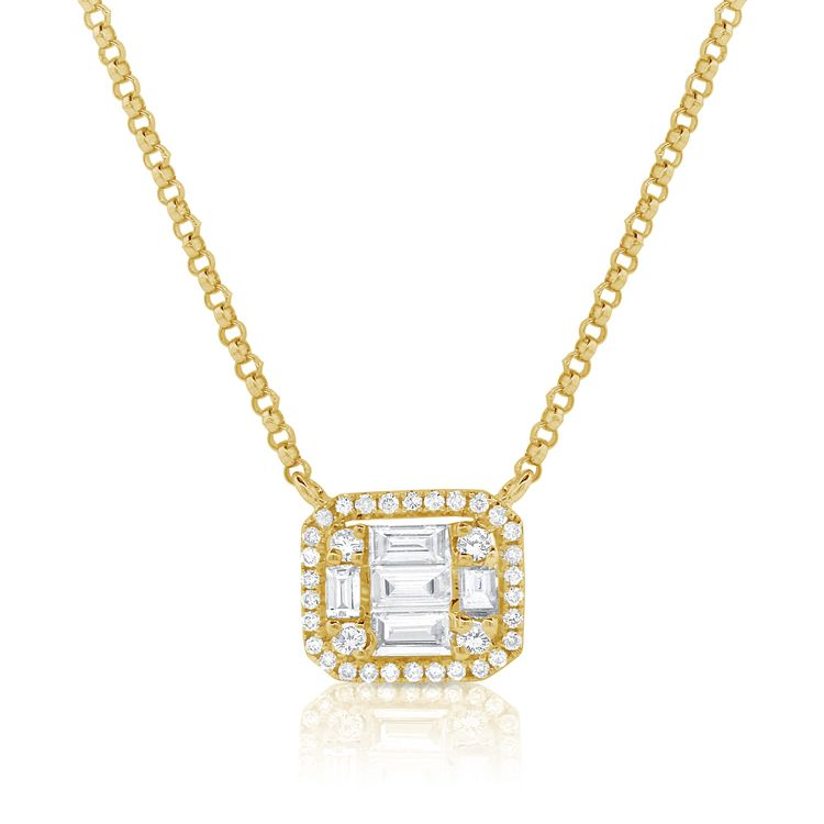 14k Gold 0.24Ct Baguette, 0.13Ct Round Diamond Necklace, available in White, Rose and Yellow Gold