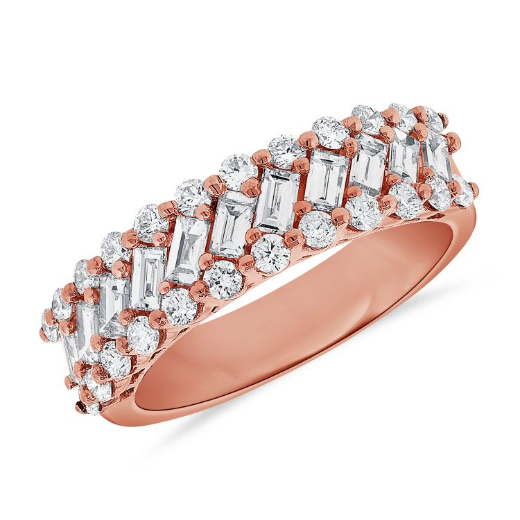 14K Gold 0.72Ct Baguette, 0.58Ct Round Diamond Band, available in White, Rose and Yellow Gold