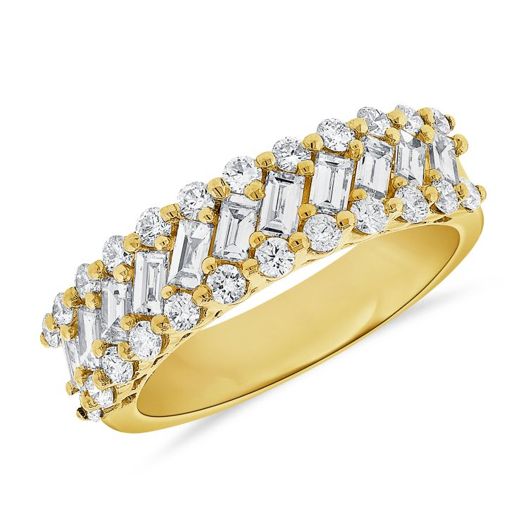 14K Gold 0.72Ct Baguette, 0.58Ct Round Diamond Band, available in White, Rose and Yellow Gold