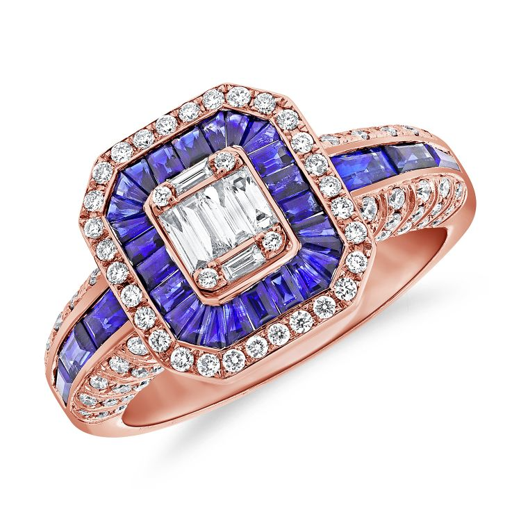 14k Gold 1.75 Ct Sapphire, 0.60 Ct Diamond Ring, available in White, Rose and Yellow Gold
