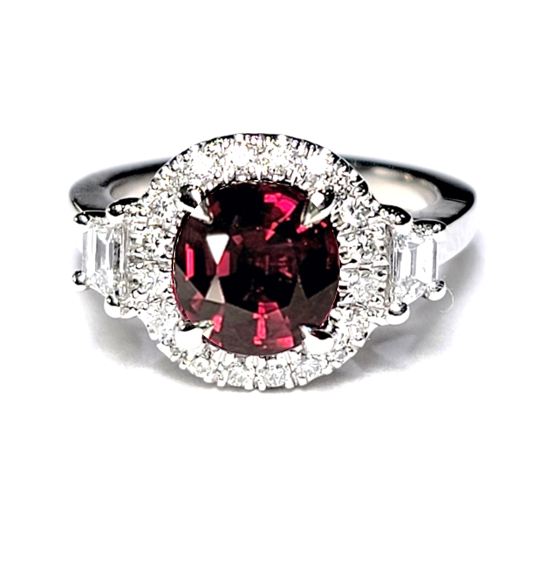 Platinum 2.30Ct Ruby, 0.25Ct Round Diamonds, 0.29Ct Trapezoid Diamond Ring