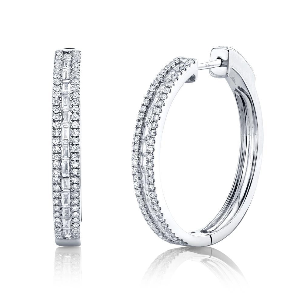 14k Gold Baguette and Round 0.89 ct diamond hoop earring, Available in White, Rose and Yellow Gold