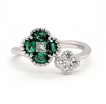 18K White Gold 0.51Ct Emerald, 0.28Ct Diamond Ring