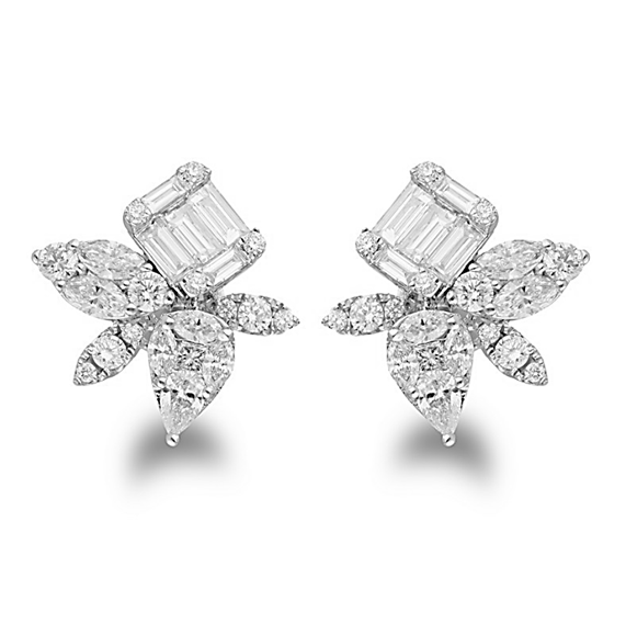 14k White Gold 1.18Ct with 48 diamonds in a multi shape earring