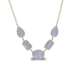 14k Yellow Gold 0.33Ct Baguette and 1.15Ct Round Diamond V Necklace