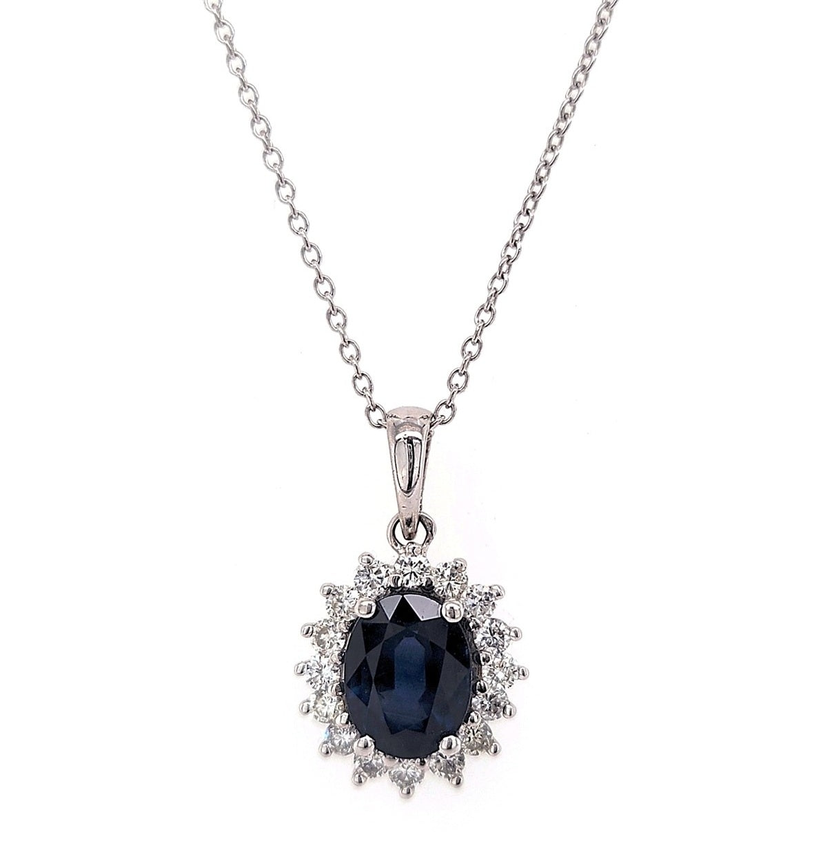 14k White Gold 2.18cts Sapphire, 0.32Ct Diamond pendant with 16 Diamonds.