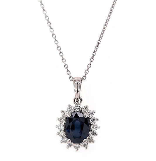 14k White Gold 2.18cts Sapphire, 0.32Ct Diamond pendant with 16 Diamonds.