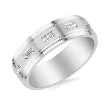 14K Gold 0.40Ct Baguette 5 Diamond Band with Brushed center and Polished side, available in White and Yellow Gold