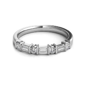 14k White Gold 0.40 Round, 0.30 Ct Baguette Diamond Bar set Band