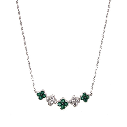 14k White Gold 0.43Ct Emerald, 0.33Ct Diamond Clover Necklace