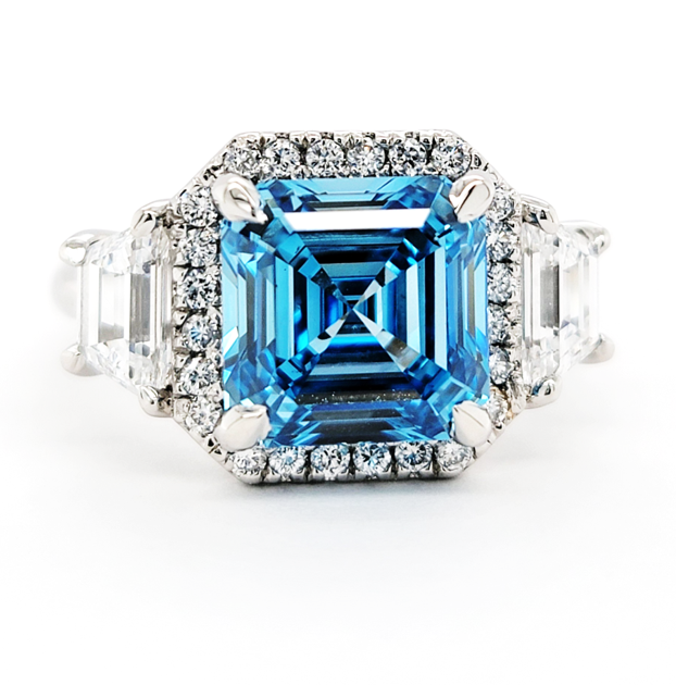 Platinum All Lab Grown Diamonds 4.09Ct VS1 Blue Asscher Cut diamond with 1.24ct Trapezoid and  0.32ct Round Diamonds