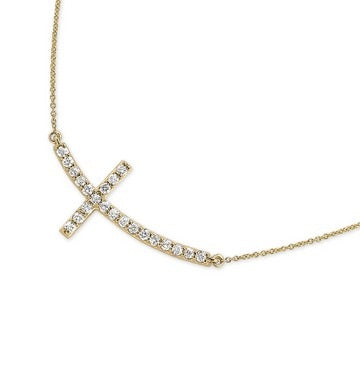 14k Gold 0.15Ct Curved Diamond Cross Necklace, available in White and Yellow Gold