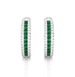 14k White Gold 0.44Ct Emerald, 0.37Ct Diamond Huggie Earring