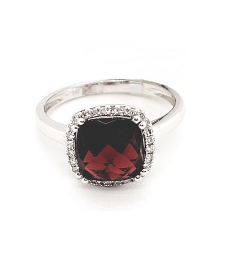 14k White Gold Garnet and 0.10Ct Diamond Ring