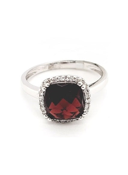 14k White Gold Garnet and 0.10Ct Diamond Ring