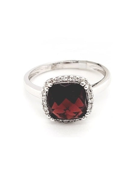 14k White Gold Garnet and 0.10Ct Diamond Ring