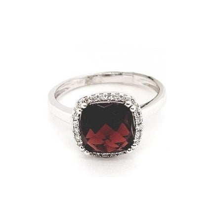 14k White Gold Garnet and 0.10Ct Diamond Ring