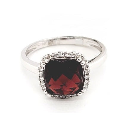 14k White Gold Garnet and 0.10Ct Diamond Ring