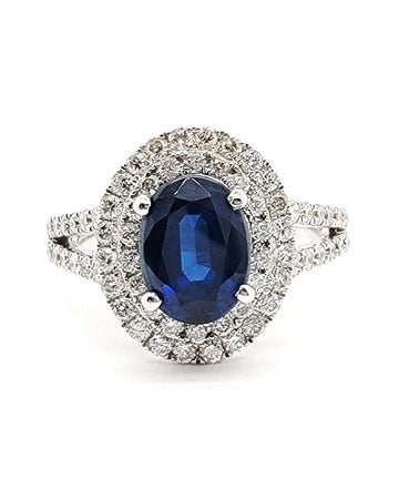 14k White Gold 1.63 Ct Sapphire, 0.68 Ct Diamond Double Halo Ring