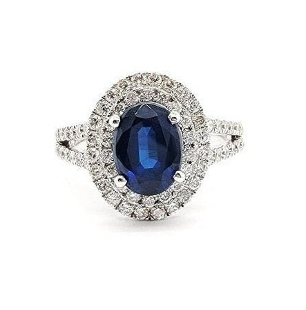 14k White Gold 1.63 Ct Sapphire, 0.68 Ct Diamond Double Halo Ring