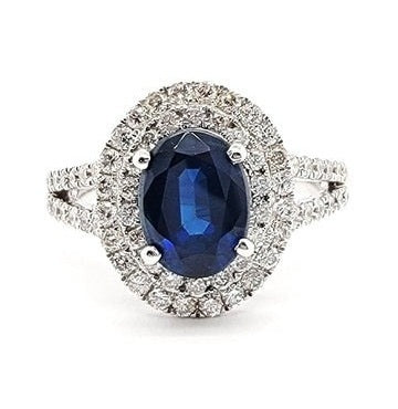 14k White Gold 1.63 Ct Sapphire, 0.68 Ct Diamond Double Halo Ring