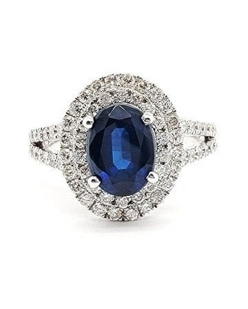 14k White Gold 1.63 Ct Sapphire, 0.68 Ct Diamond Double Halo Ring