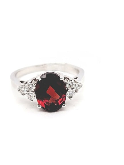14k White Gold 9*7MM Garnet, 0.20Ct Diamond Ring
