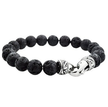 Men's Genuine 10MM Lava Stone Stainless Steel Beaded Bracelet